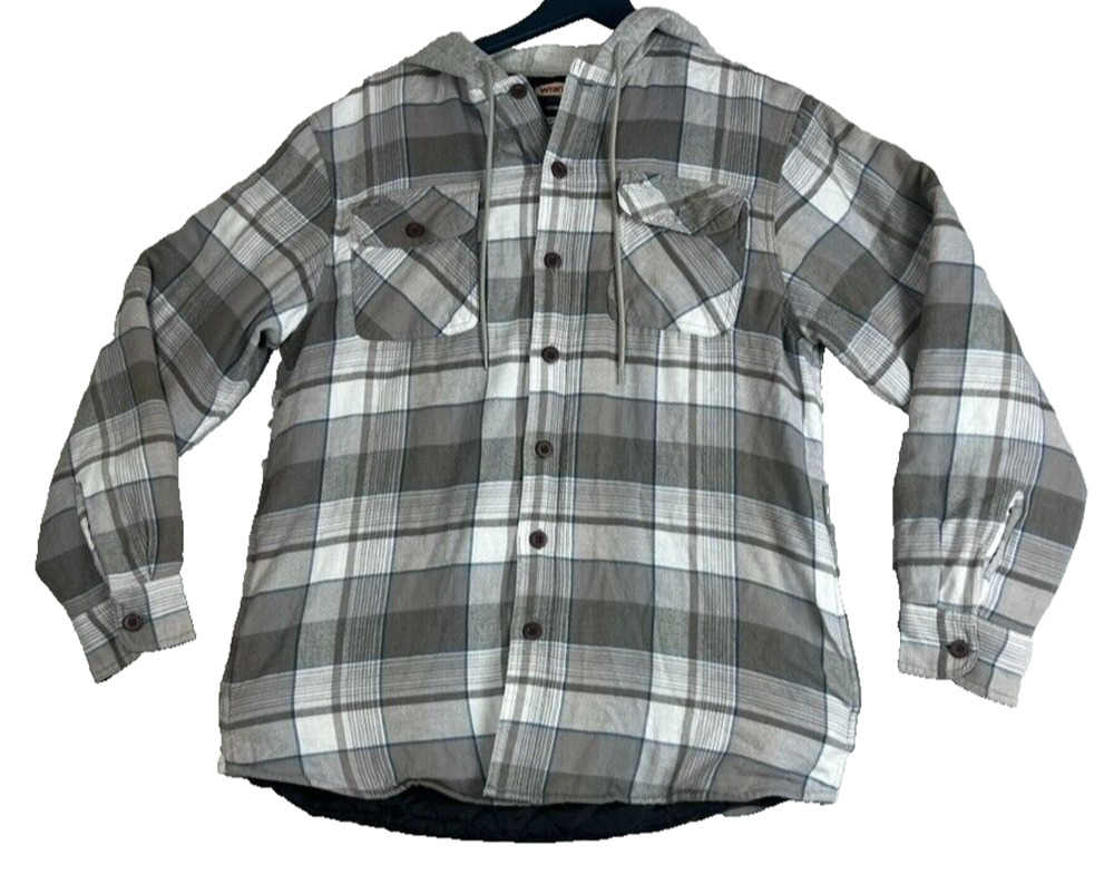 Wrangler Shirt Jacket Mens M Long Sleeve Quilted Lined Flannel Hood Gray Plaid